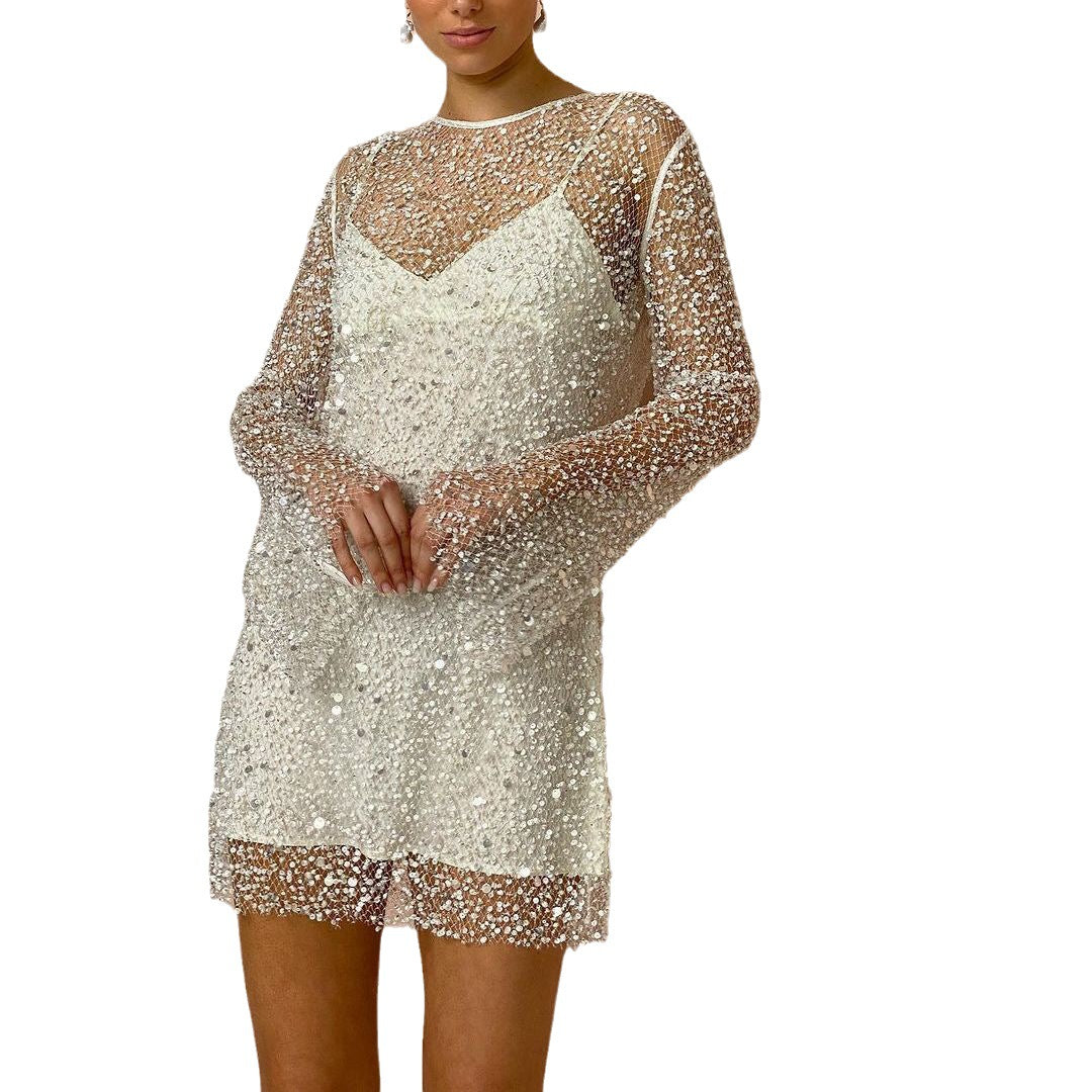 Beaded Mesh Strap Dress for Winter