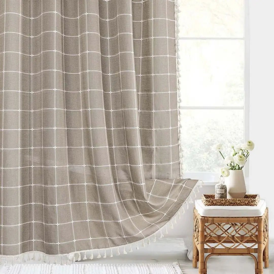 Bohemian Linen Shower Curtain with Fringe & Waterproof Design