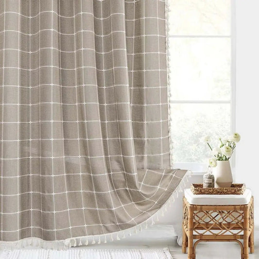 Bohemian Linen Shower Curtain with Fringe & Waterproof Design