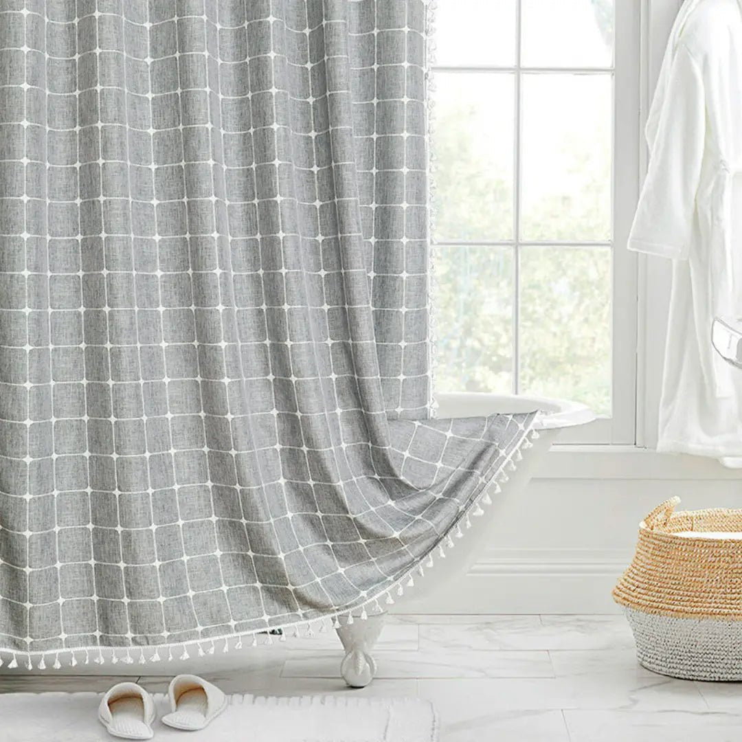 Bohemian Linen Shower Curtain with Fringe & Waterproof Design