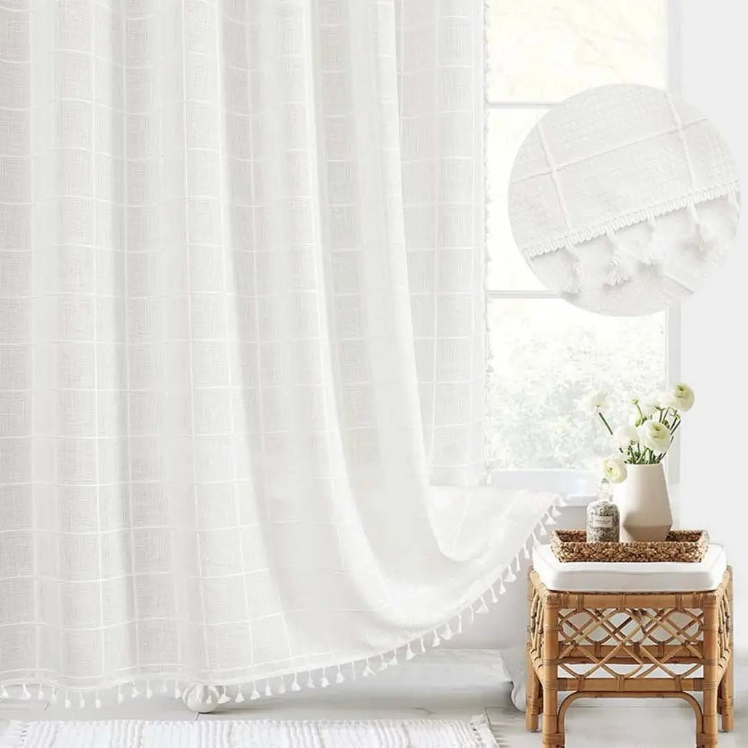 Bohemian Linen Shower Curtain with Fringe & Waterproof Design