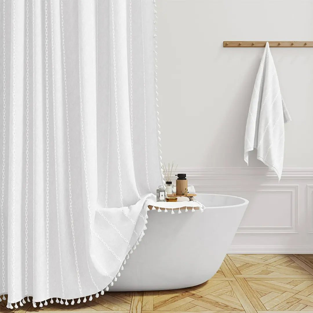 Bohemian Linen Shower Curtain with Fringe & Waterproof Design