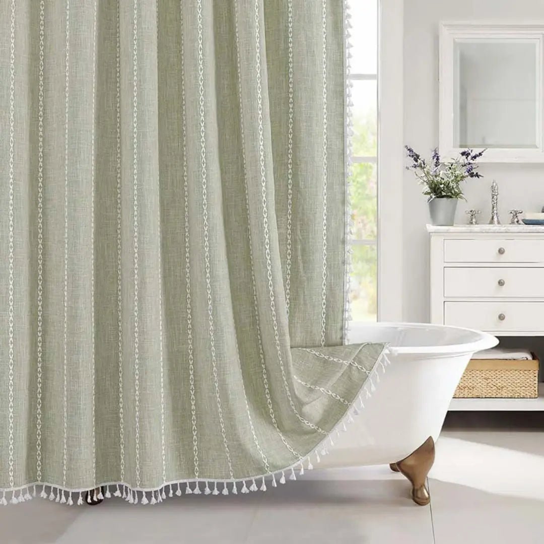 Bohemian Linen Shower Curtain with Fringe & Waterproof Design