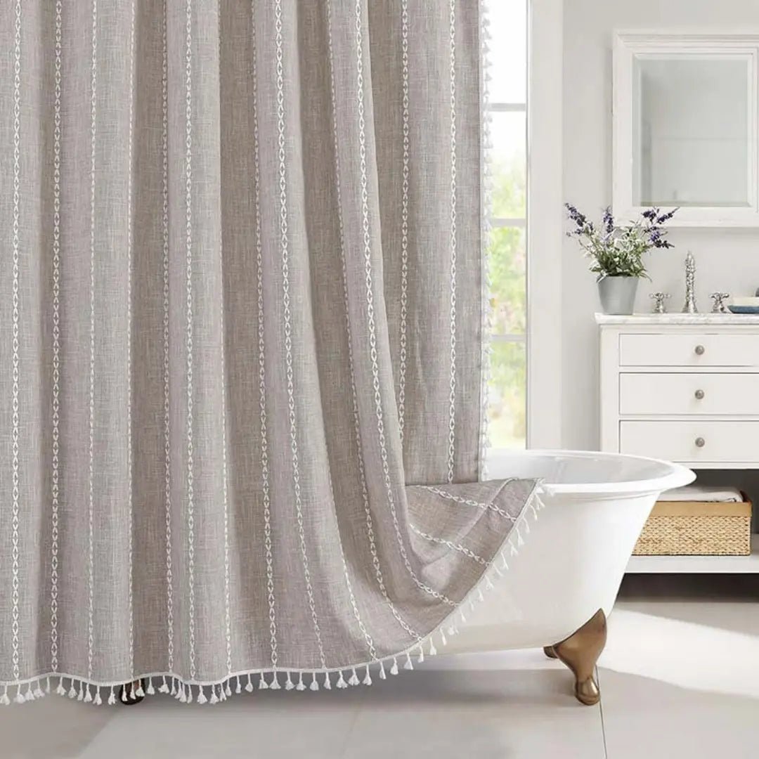 Bohemian Linen Shower Curtain with Fringe & Waterproof Design