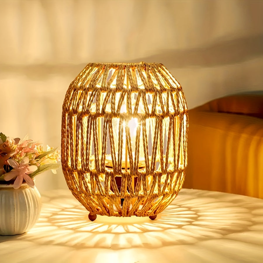 Bohemian Rattan Table Lamp – Handmade Light Accent for Bedroom or Living Room