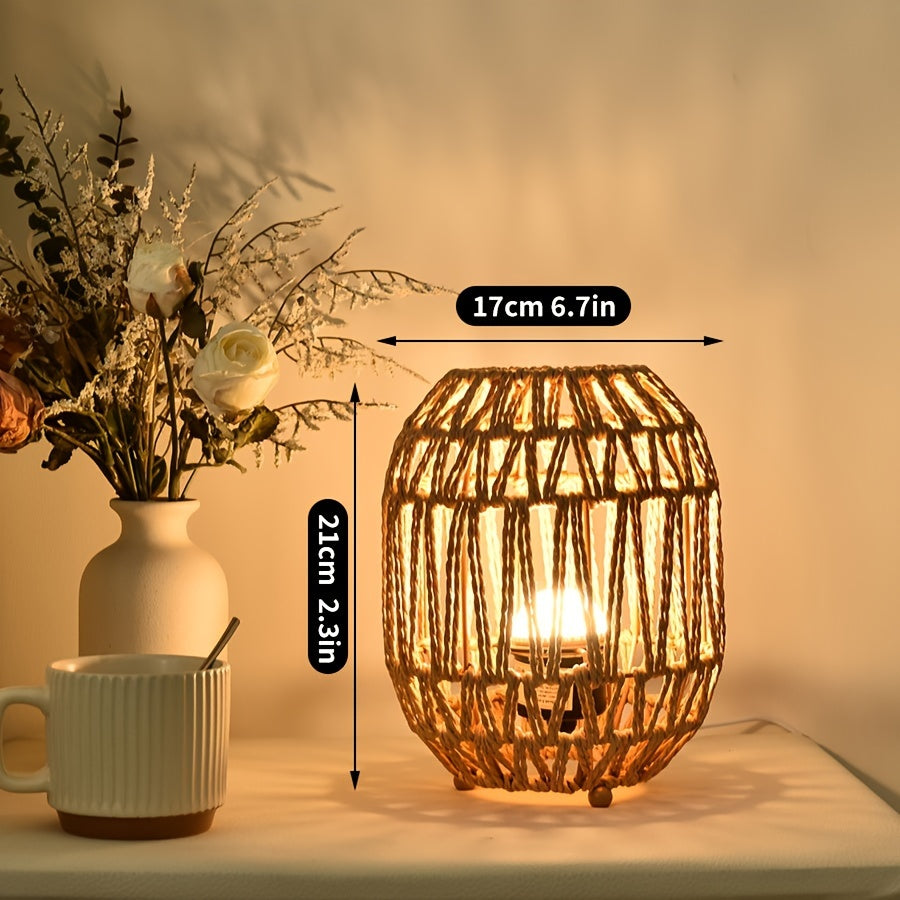 Bohemian Rattan Table Lamp – Handmade Light Accent for Bedroom or Living Room