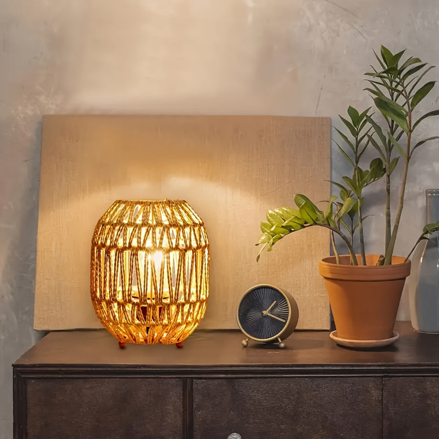 Bohemian Rattan Table Lamp – Handmade Light Accent for Bedroom or Living Room