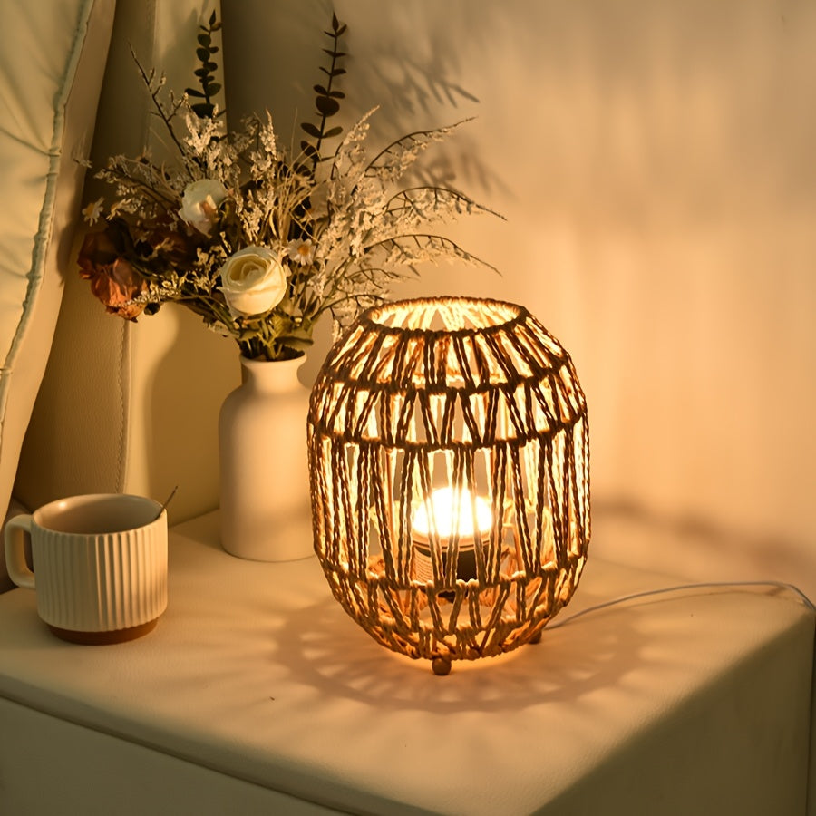 Bohemian Rattan Table Lamp – Handmade Light Accent for Bedroom or Living Room
