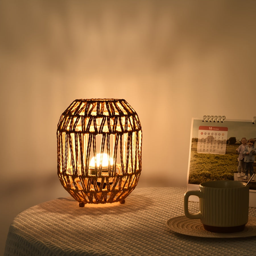 Bohemian Rattan Table Lamp – Handmade Light Accent for Bedroom or Living Room