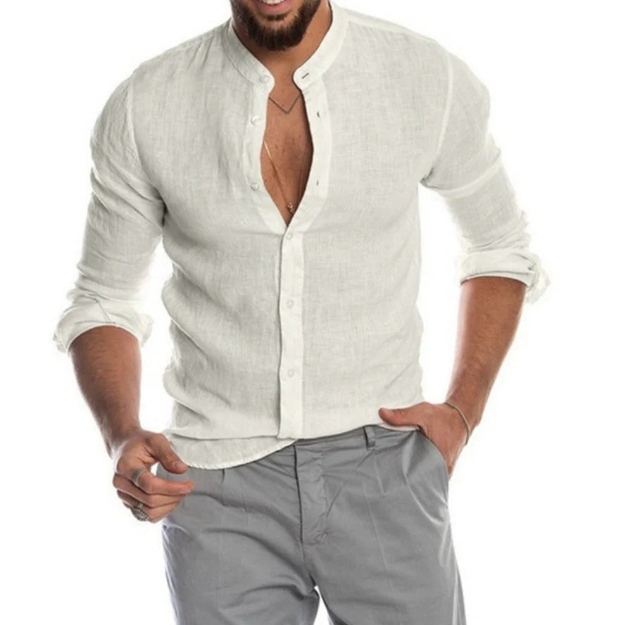 Breathable Linen Band Collar Shirt