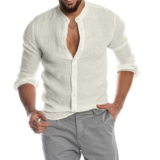 Breathable Linen Band Collar Shirt