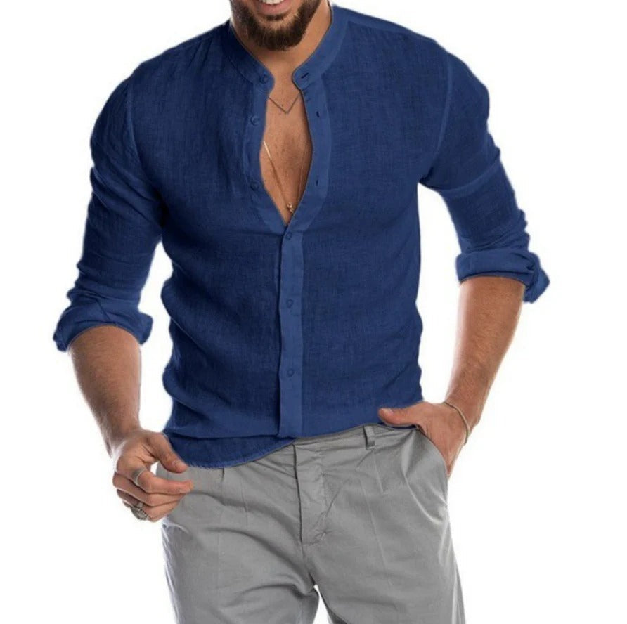 Breathable Linen Band Collar Shirt