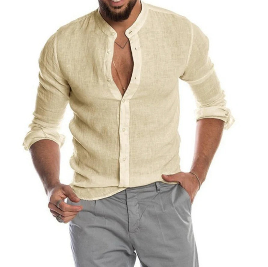 Breathable Linen Band Collar Shirt
