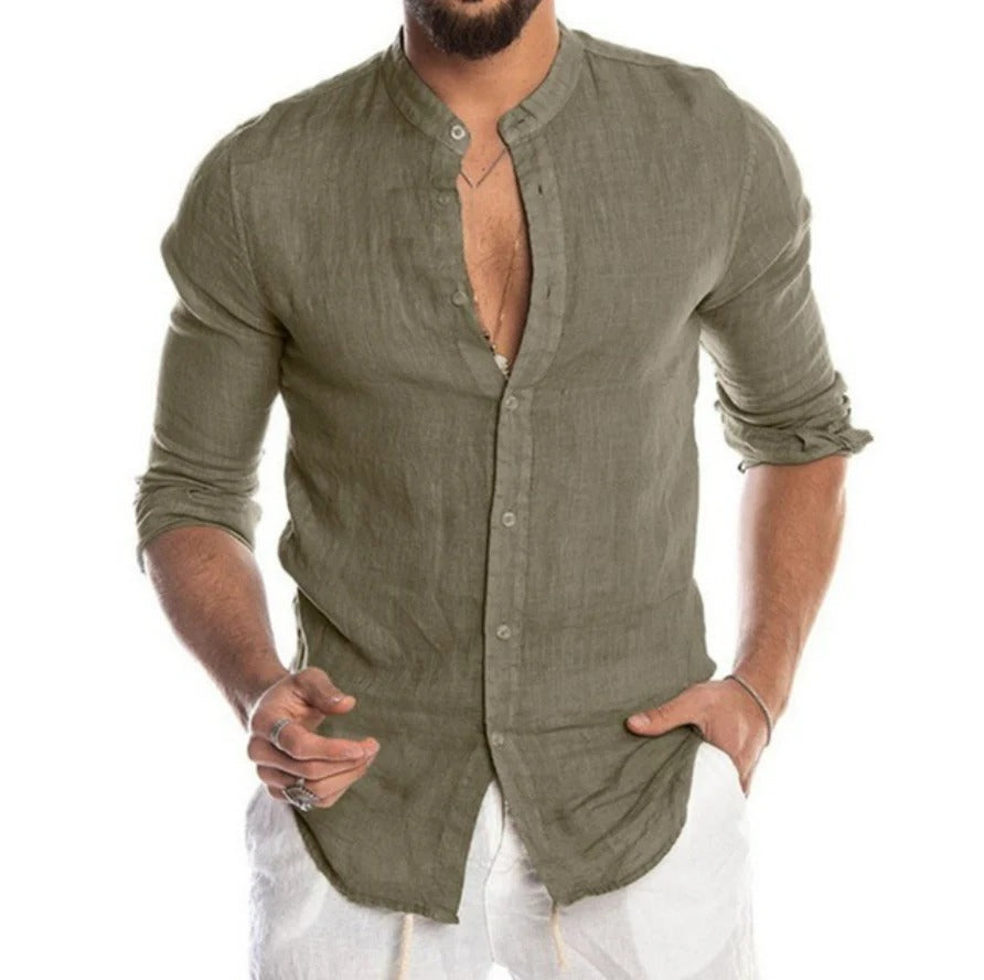 Breathable Linen Band Collar Shirt