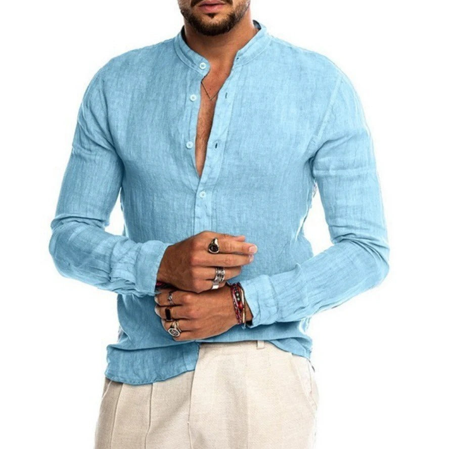Breathable Linen Band Collar Shirt