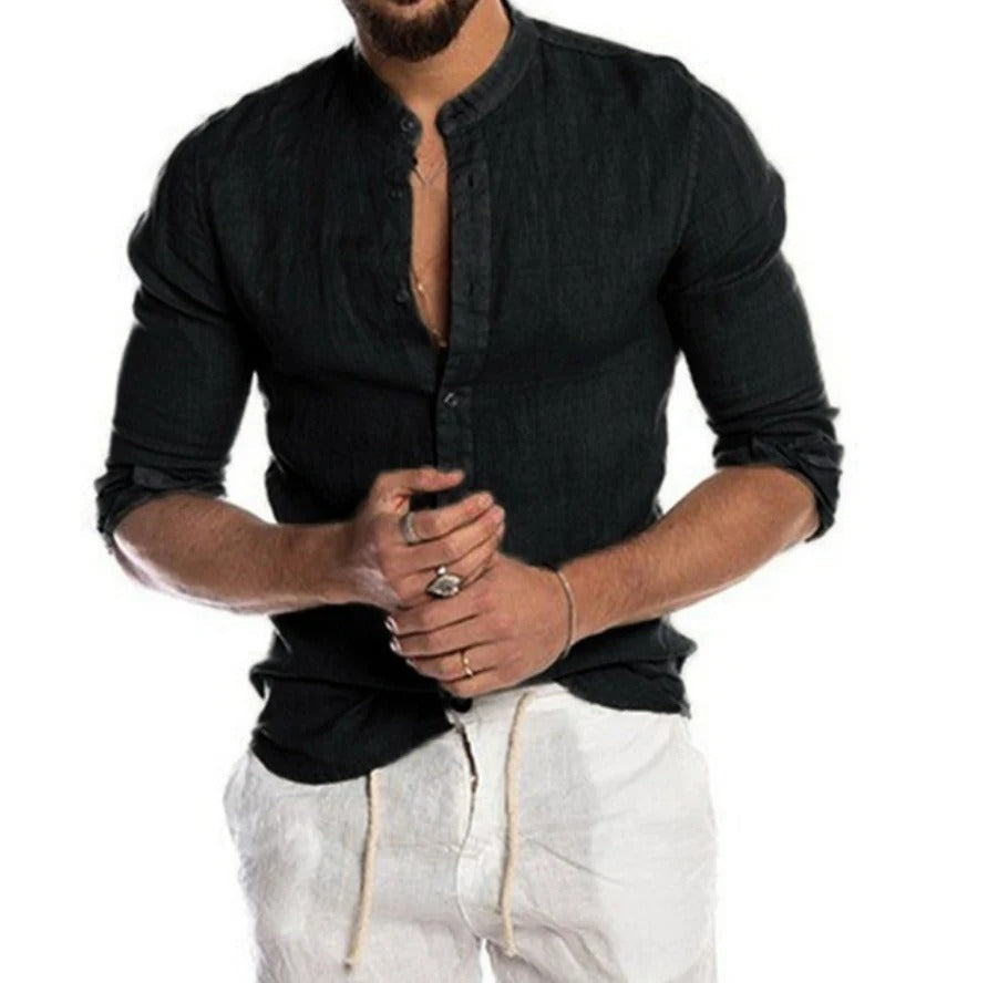 Breathable Linen Band Collar Shirt