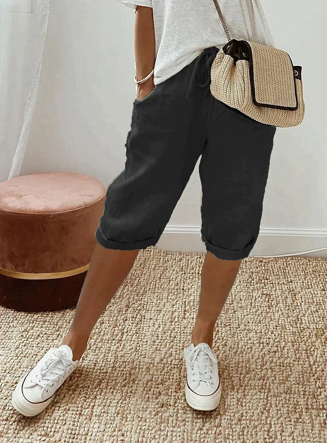Breathable Linen Drawstring Cropped Pants