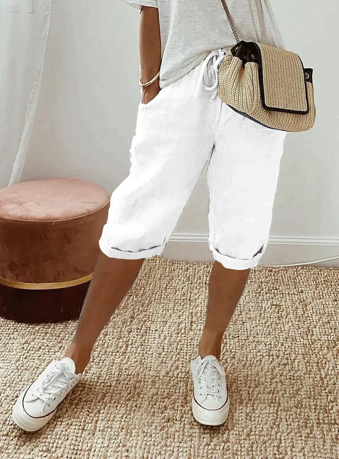 Breathable Linen Drawstring Cropped Pants