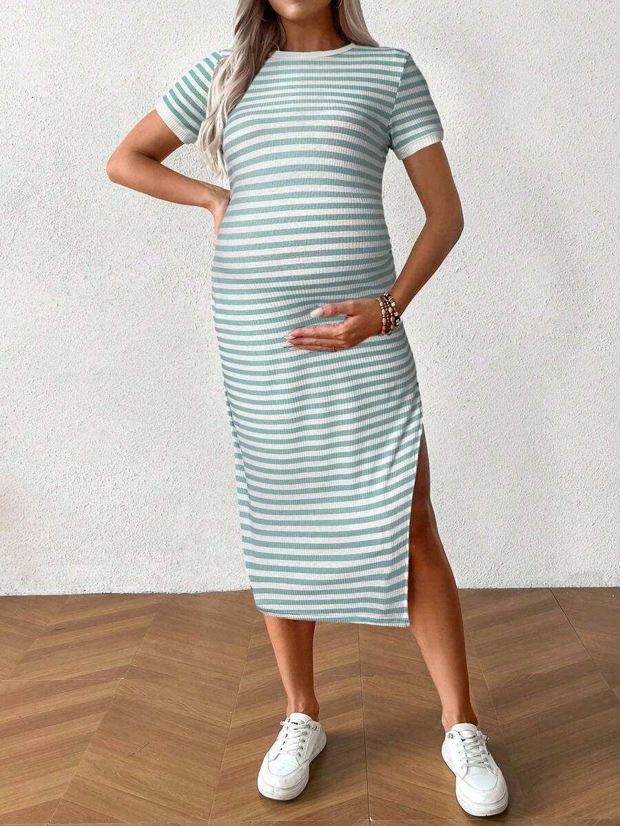 Casual Striped Maternity Dress with Split
