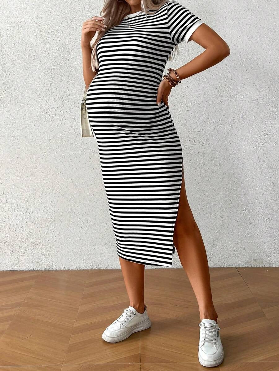 Casual Striped Maternity Dress with Split