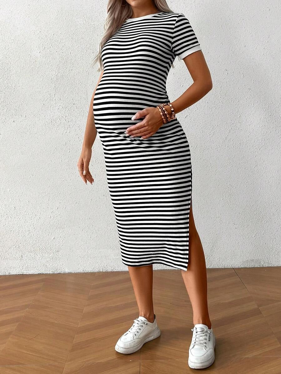 Casual Striped Maternity Dress with Split