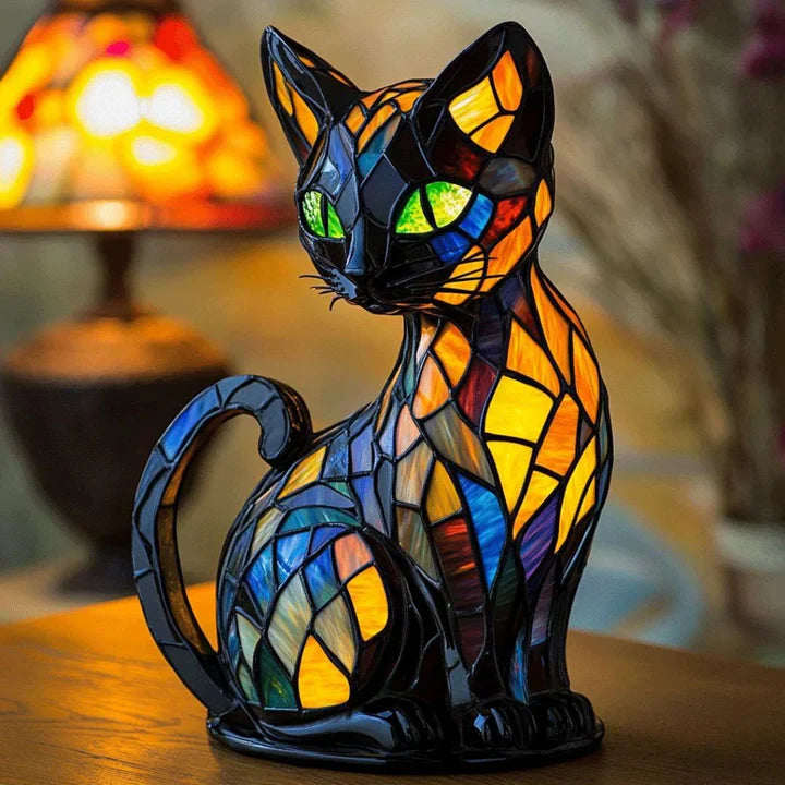 Cat-Shaped Glass Mosaic Table Lamp with LED Lighting – 30-36 cm