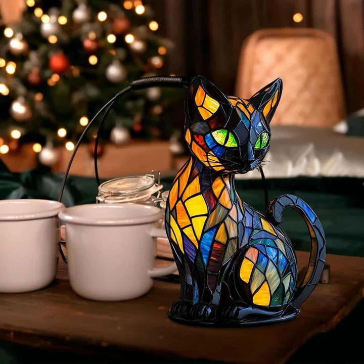 Cat-Shaped Glass Mosaic Table Lamp with LED Lighting – 30-36 cm