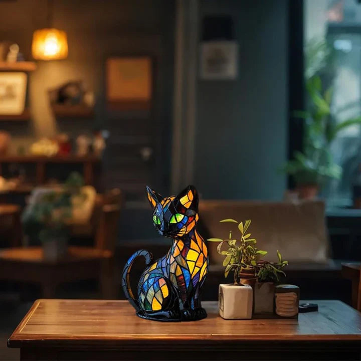 Cat-Shaped Glass Mosaic Table Lamp with LED Lighting – 30-36 cm