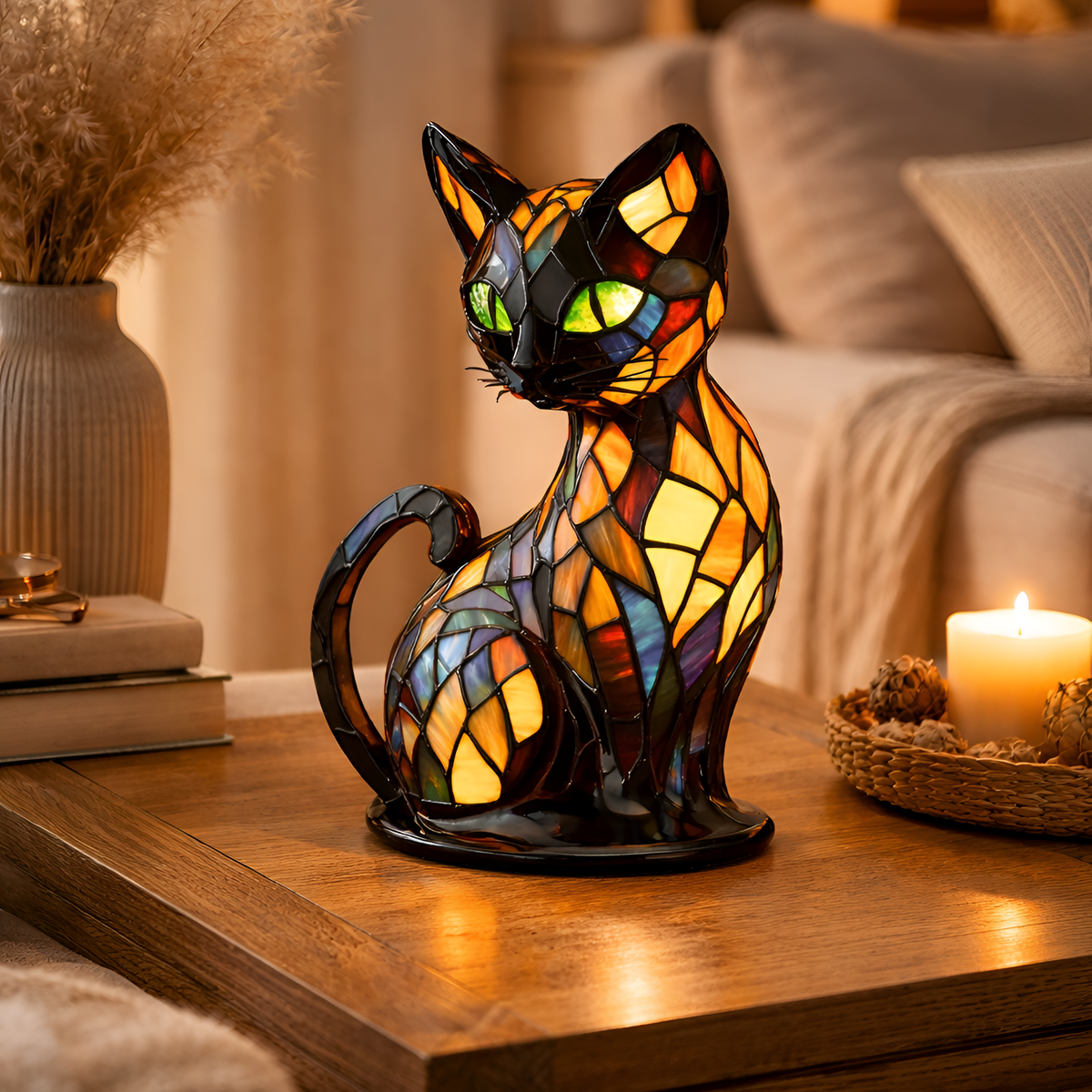 Cat-Shaped Stained Glass Lamp