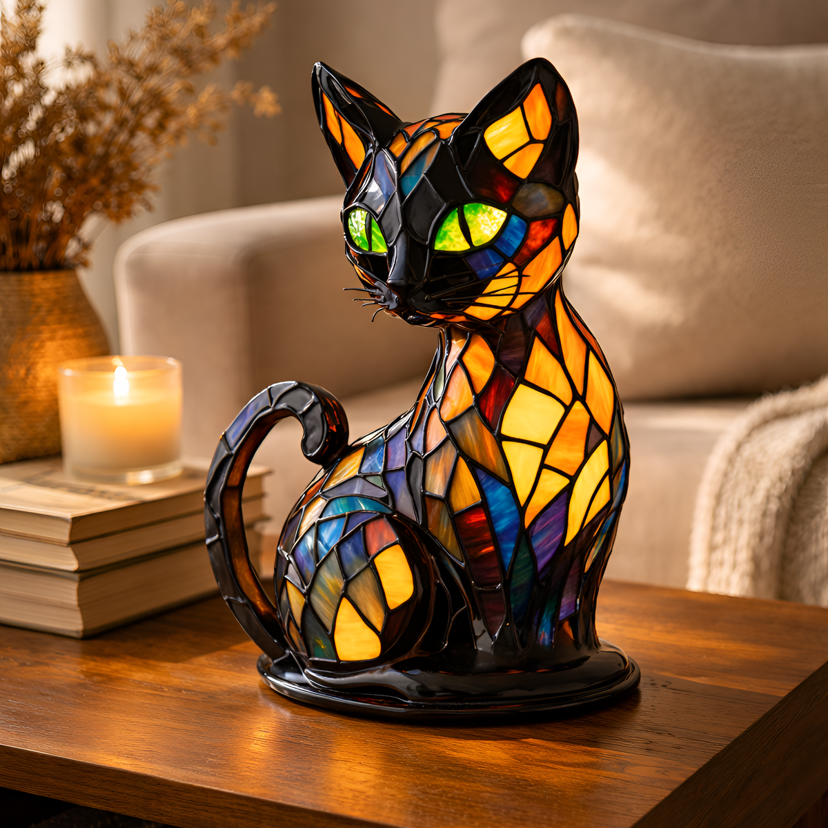 Cat-Shaped Stained Glass Lamp