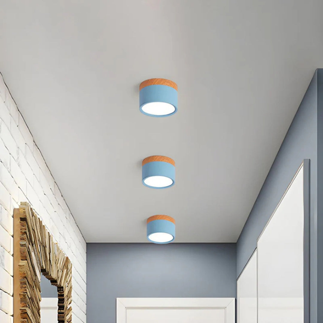 Ceiling Light - Compact LED Cylinder with Wooden Accent