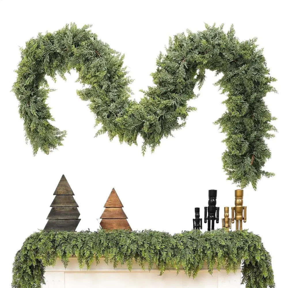 Christmas Garland with Green Cypress Branches and Winter Pattern
