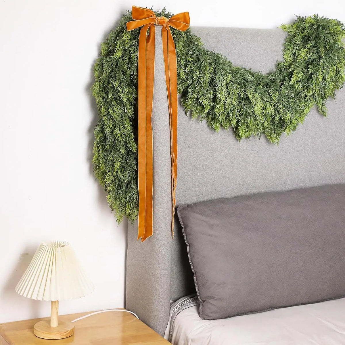 Christmas Garland with Green Cypress Branches and Winter Pattern