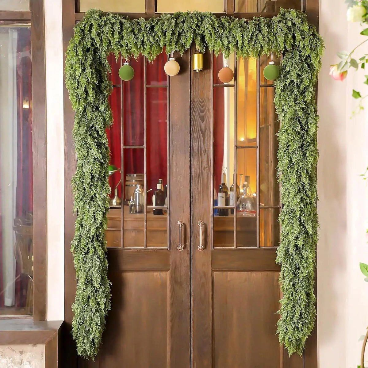 Christmas Garland with Green Cypress Branches and Winter Pattern