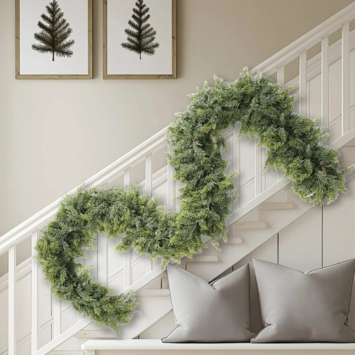 Christmas Garland with Green Cypress Branches and Winter Pattern