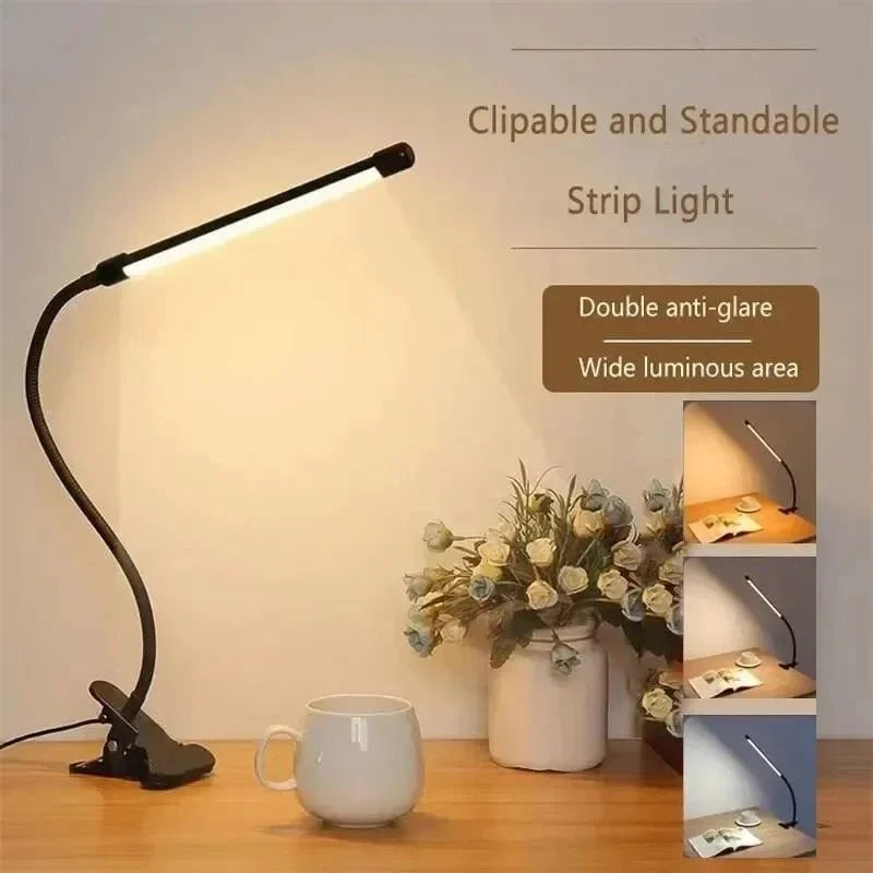 Clip-On LED Lamp with 3 Light Modes and 10 Brightness Levels, USB Powered, Flexible Gooseneck, Dimmable and Eye-Caring