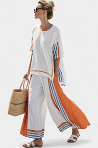 Comfortable Wide-Leg Striped Pants & Linen Top