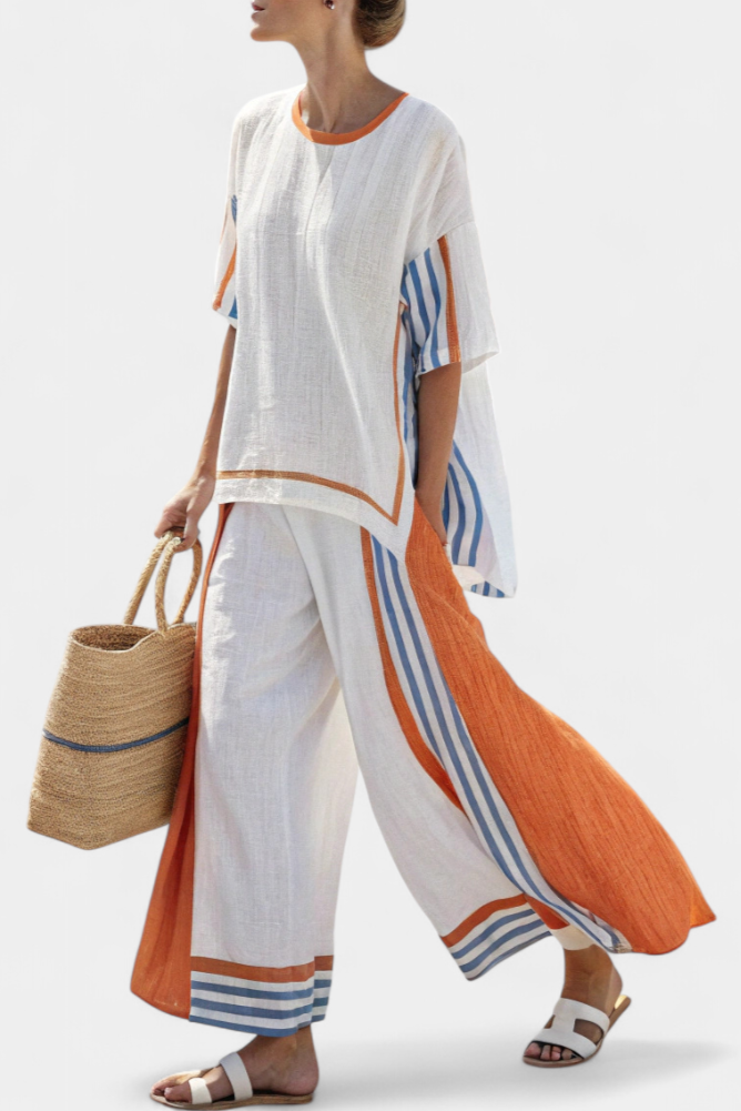 Comfortable Wide-Leg Striped Pants & Linen Top