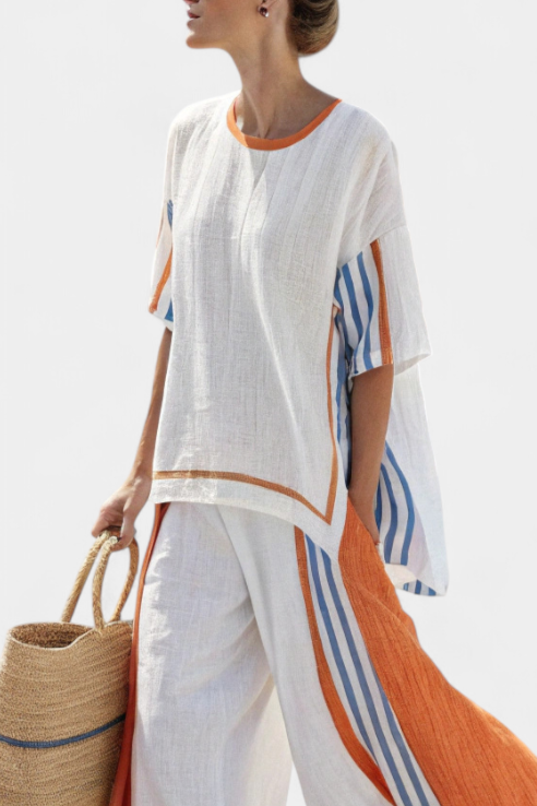Comfortable Wide-Leg Striped Pants & Linen Top