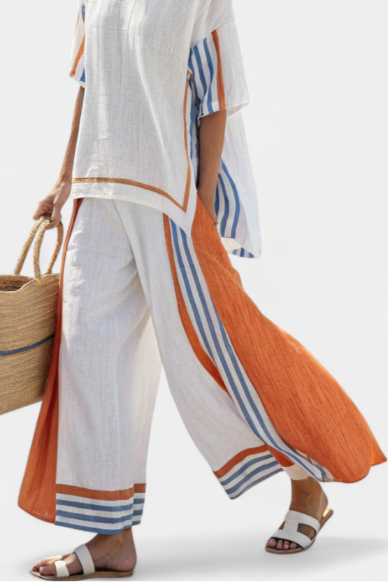 Comfortable Wide-Leg Striped Pants & Linen Top