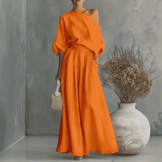 Coordinated One-Shoulder Top and Flowing Wide-Leg Pants