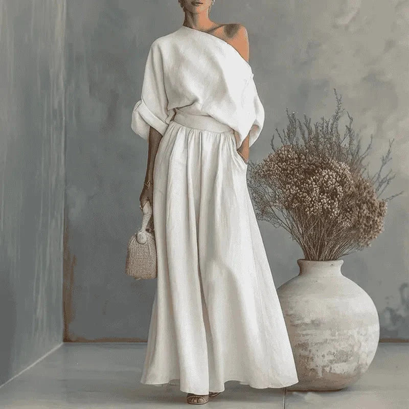 Coordinated One-Shoulder Top and Flowing Wide-Leg Pants