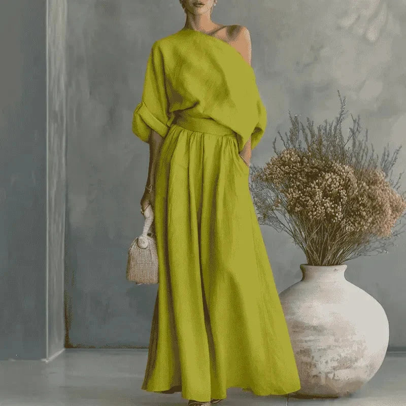 Coordinated One-Shoulder Top and Flowing Wide-Leg Pants