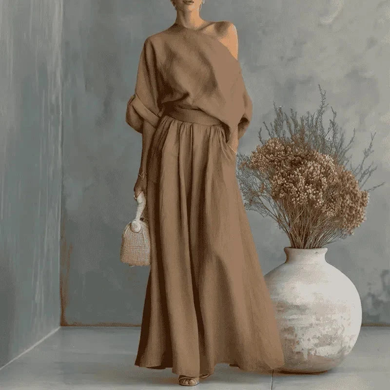 Coordinated One-Shoulder Top and Flowing Wide-Leg Pants
