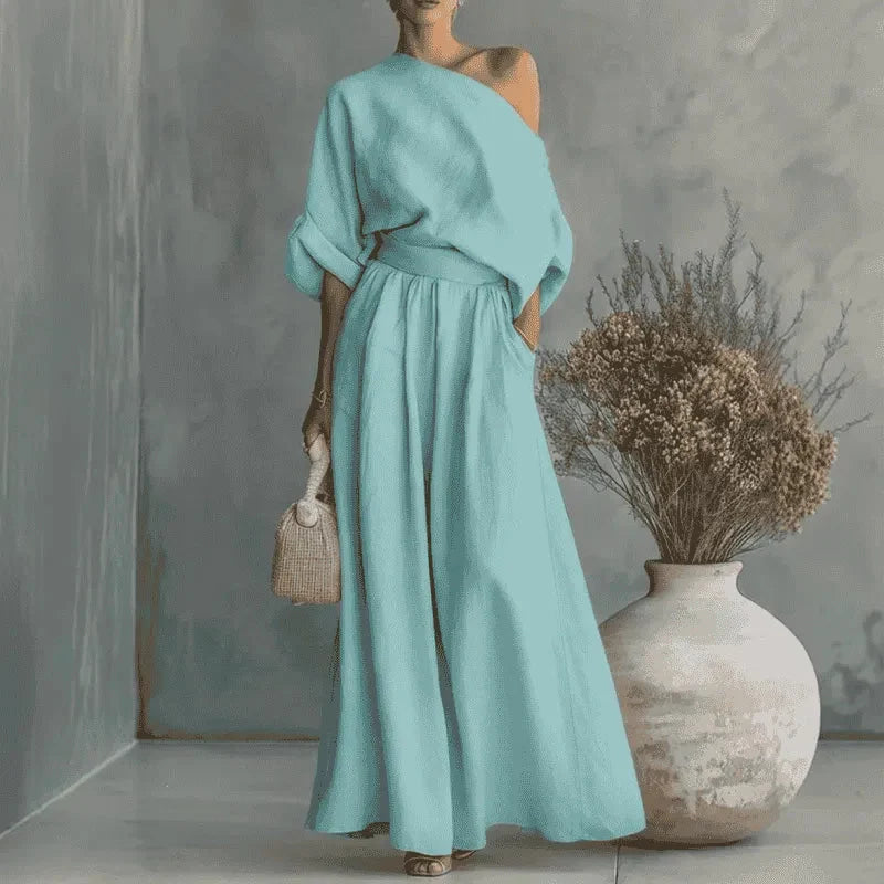 Coordinated One-Shoulder Top and Flowing Wide-Leg Pants