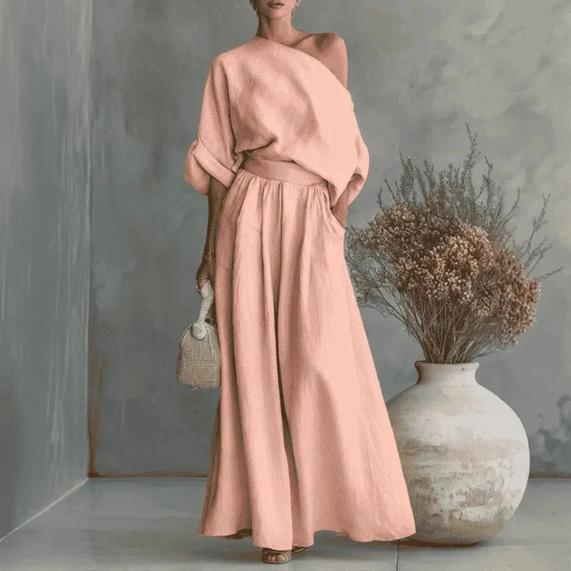 Coordinated One-Shoulder Top and Flowing Wide-Leg Pants