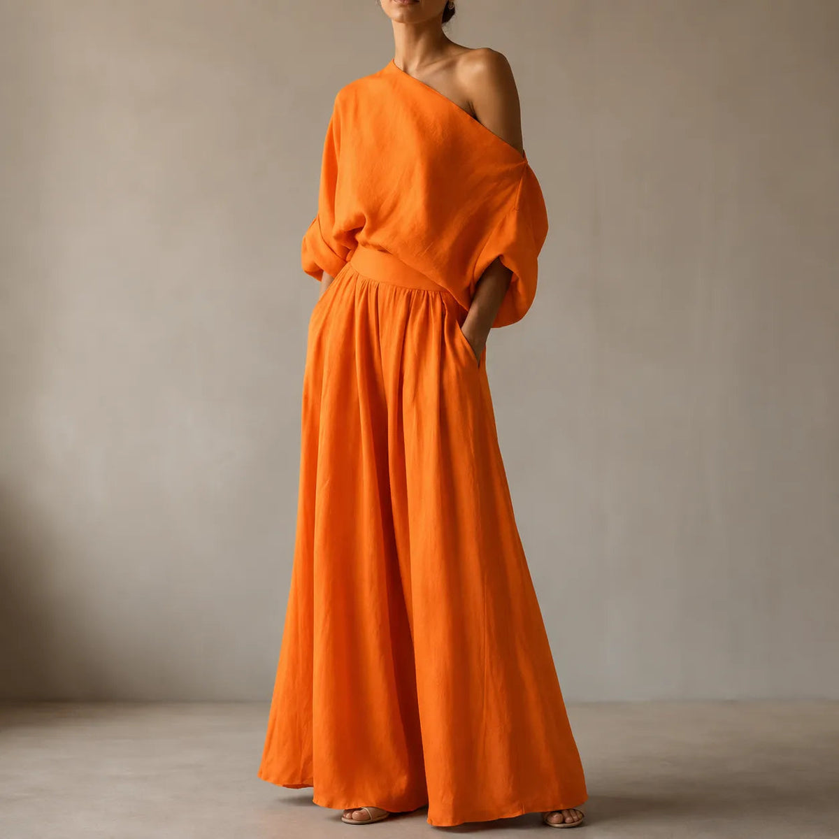 Coordinated One-Shoulder Top and Flowing Wide-Leg Pants