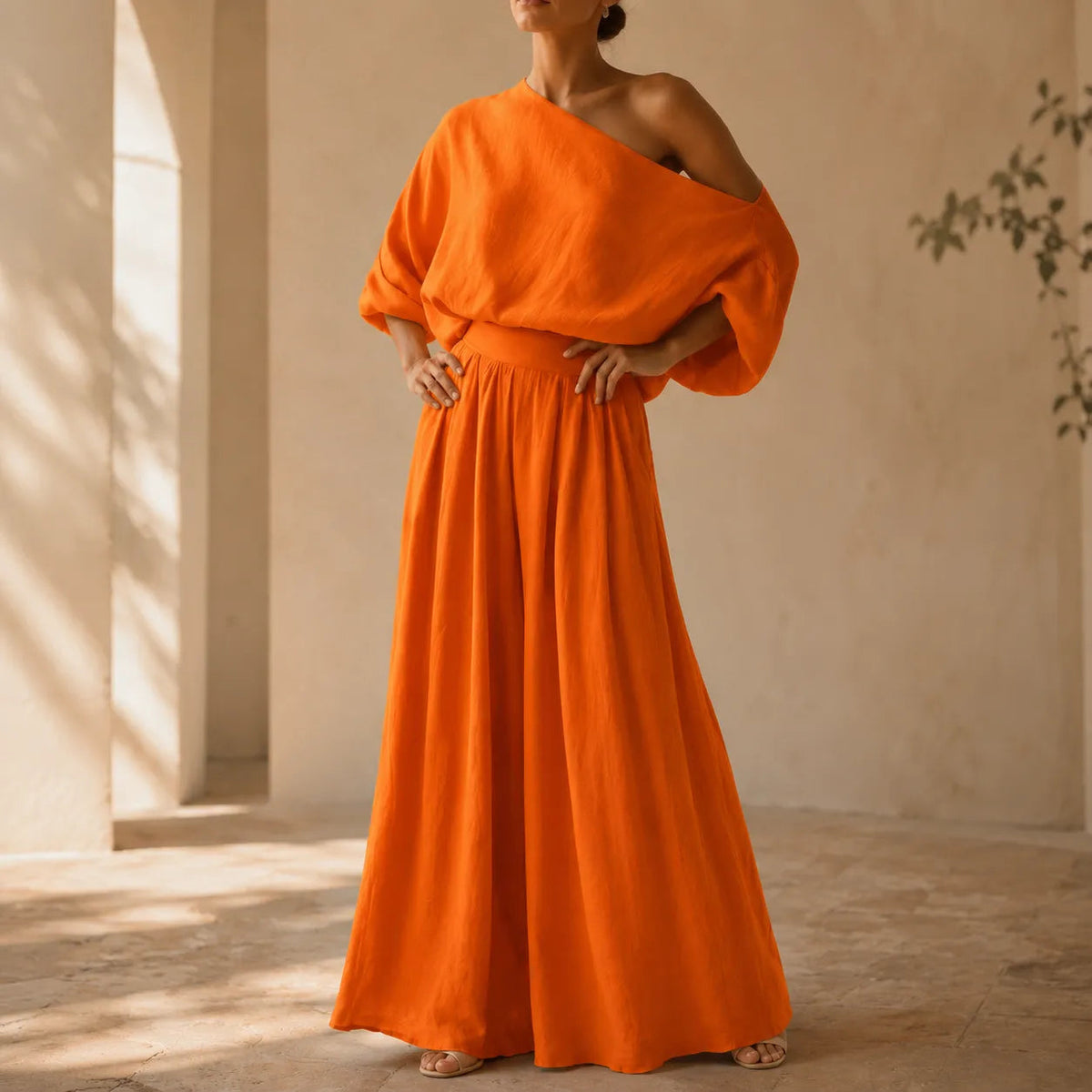 Coordinated One-Shoulder Top and Flowing Wide-Leg Pants