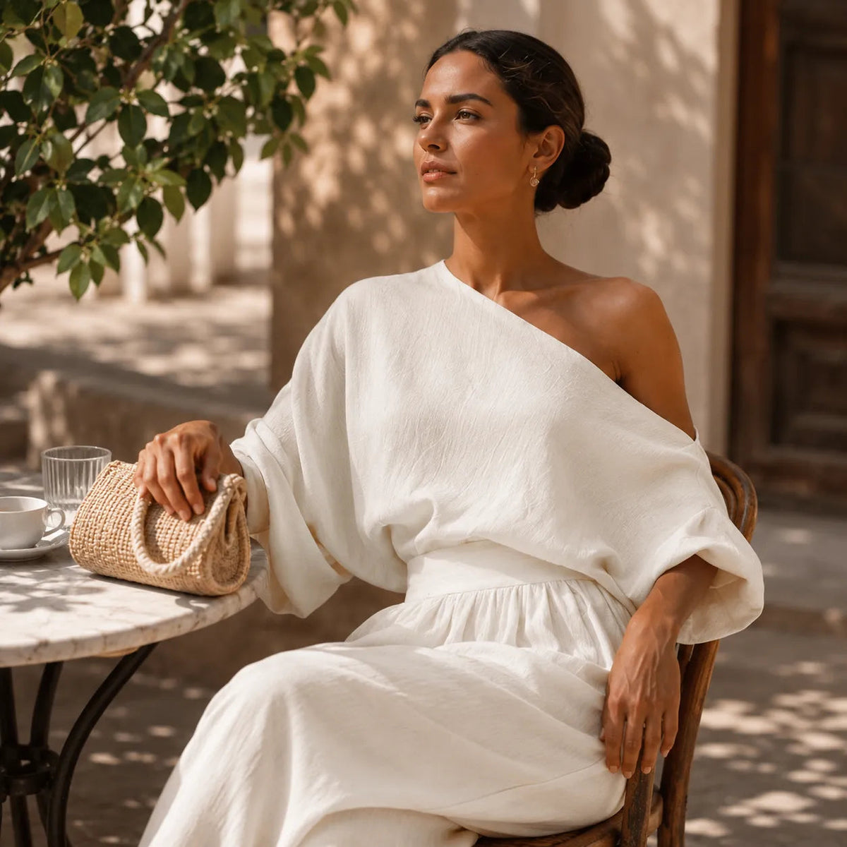 Coordinated One-Shoulder Top and Flowing Wide-Leg Pants