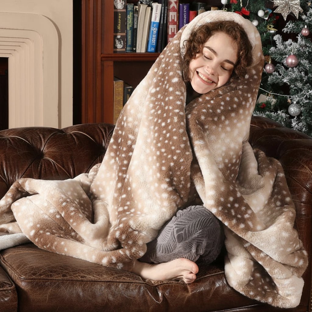 Cozy Faux Fur Blanket with Deer Motif – Reversible Plush Throw